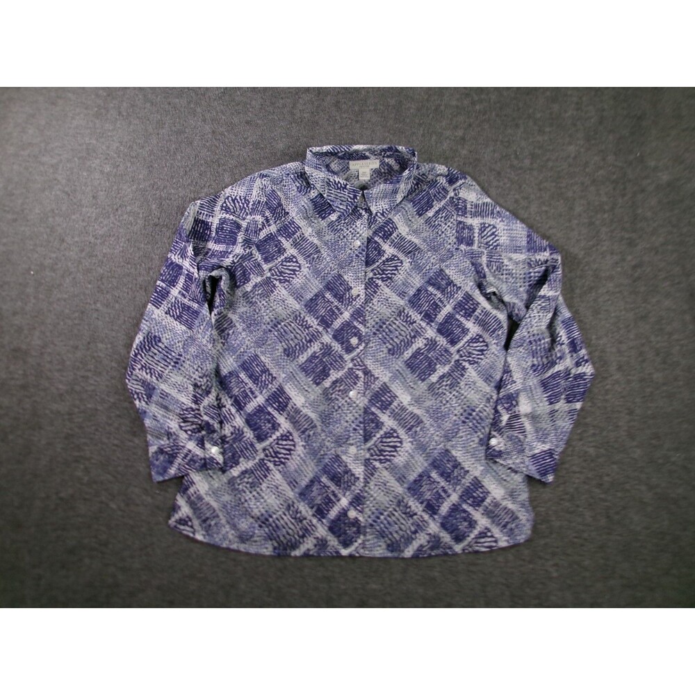 Appleseeds Top Women 10 Petite Blue Printed Button Up Long Sleeve Capsule Office